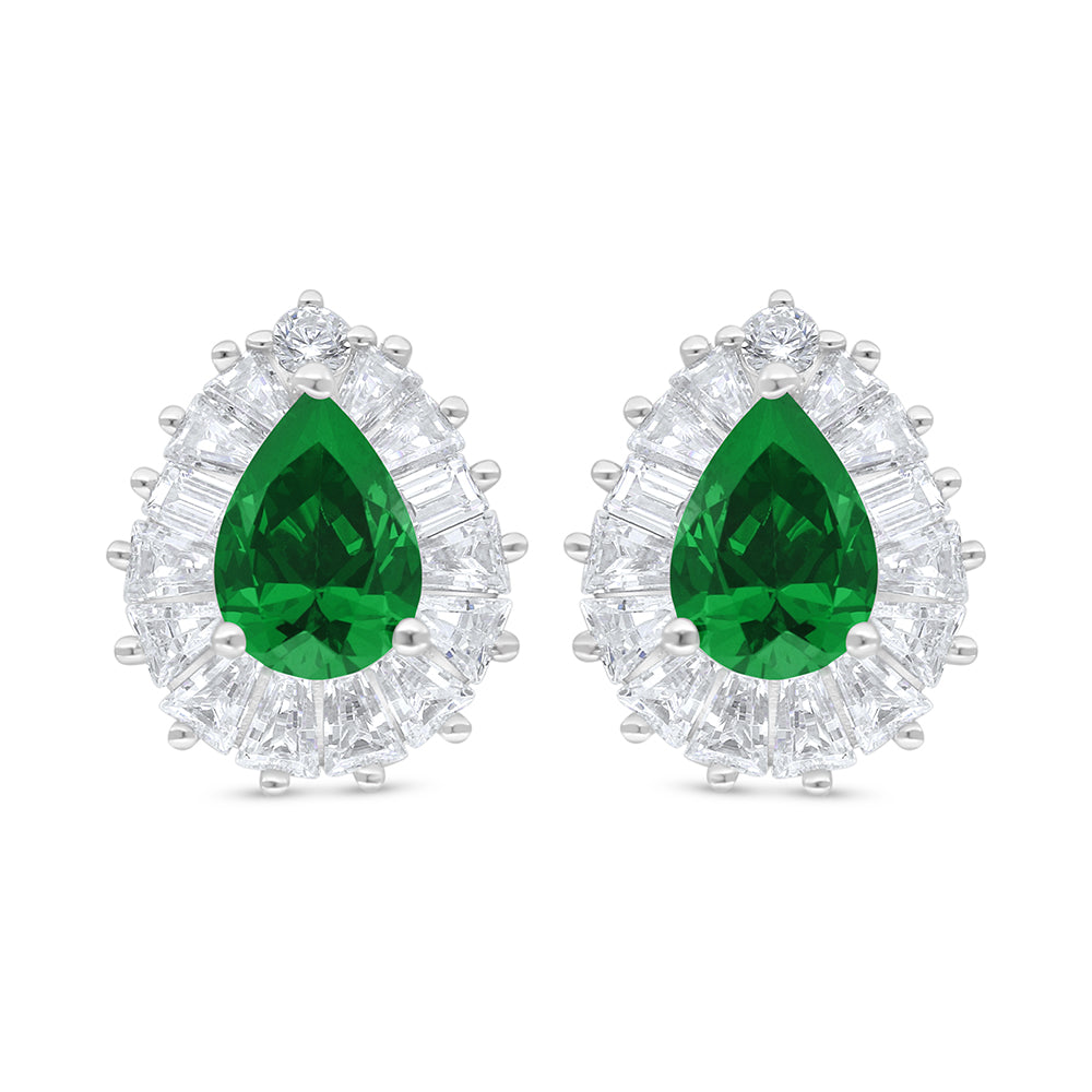Sterling Silver 925 Earring Rhodium Plated Embedded With Emerald Zircon And White Zircon