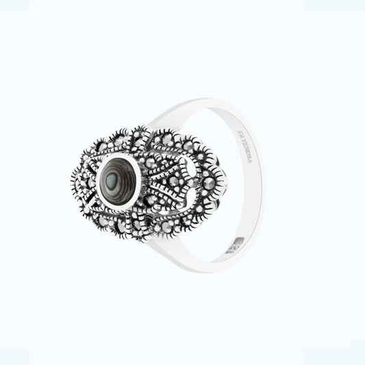 خاتم من الفضة الخالصة عيار 925 مرصع احجار صدف استرالي طبيعي و ماركسايت