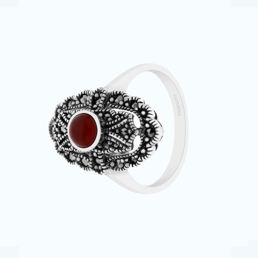 Sterling Silver 925 Ring Embedded With Natural Aqiq And Marcasite Stones
