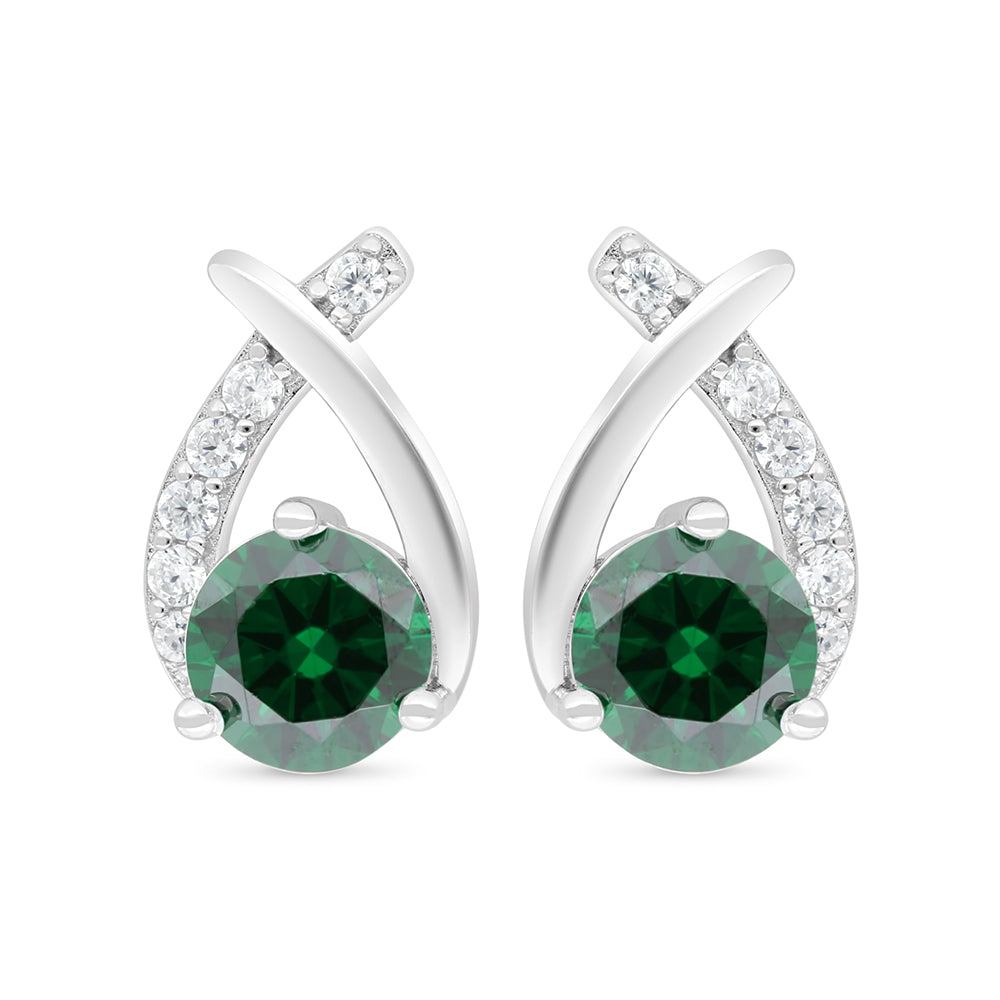 Sterling Silver 925 Earring Rhodium Plated Embedded With Emerald Zircon And White Zircon
