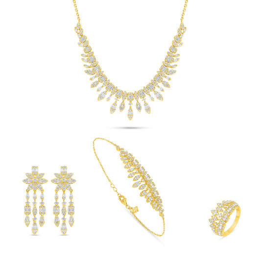 طقم من الفضة الخالصة عيار 925 مطلي ذهبي مرصع فص ابيض