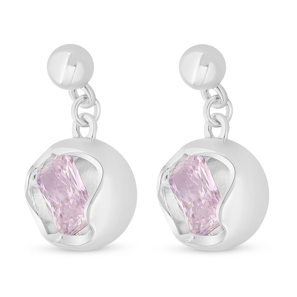 Sterling Silver 925 Earring Rhodium Plated Embedded With Pink Zircon