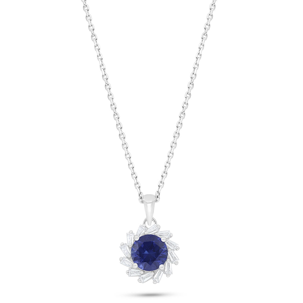 Sterling Silver 925 Necklace Rhodium Plated Embedded With Sapphire Corundum And White Zircon