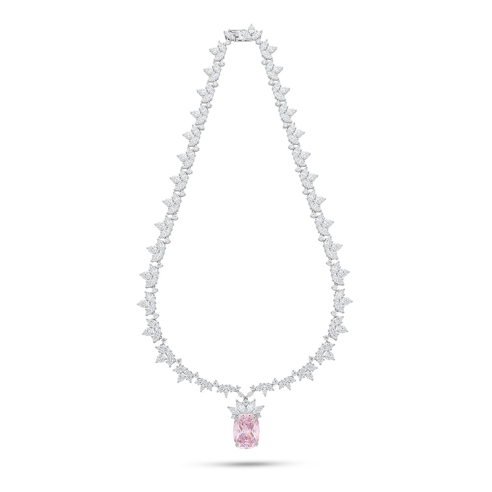 Sterling Silver 925 Necklace Rhodium Plated Embedded With Pink Zircon And White Zircon