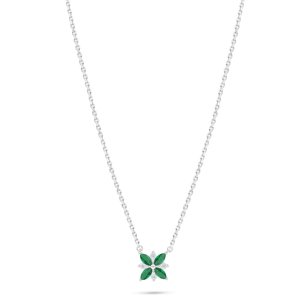 Sterling Silver 925 Necklace Rhodium Plated Embedded With Emerald Zircon And White Zircon