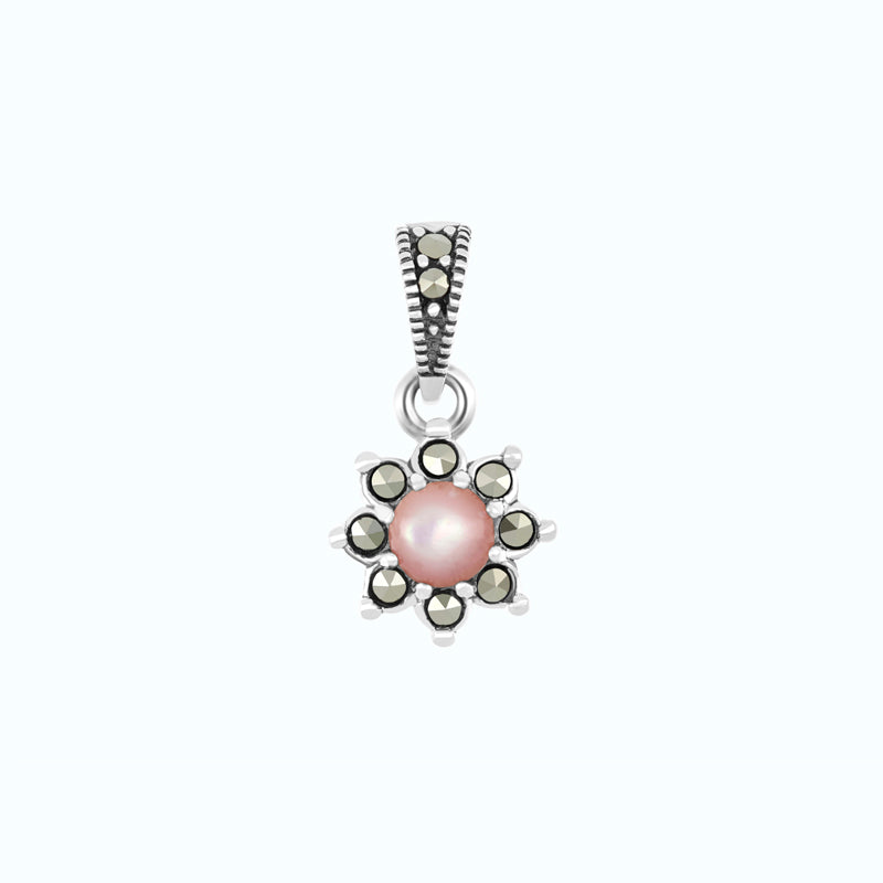 Sterling Silver 925 Pendant Embedded With Natural Pink Shell And Marcasite Stones