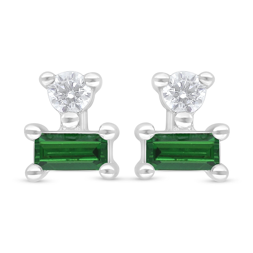 Sterling Silver 925 Earring Rhodium Plated Embedded With Emerald Zircon And White Zircon