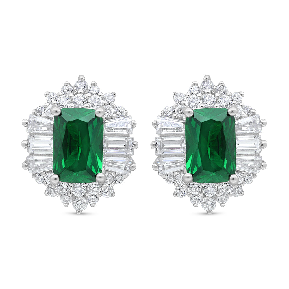 Sterling Silver 925 Earring Rhodium Plated Embedded With Emerald Zircon And White Zircon