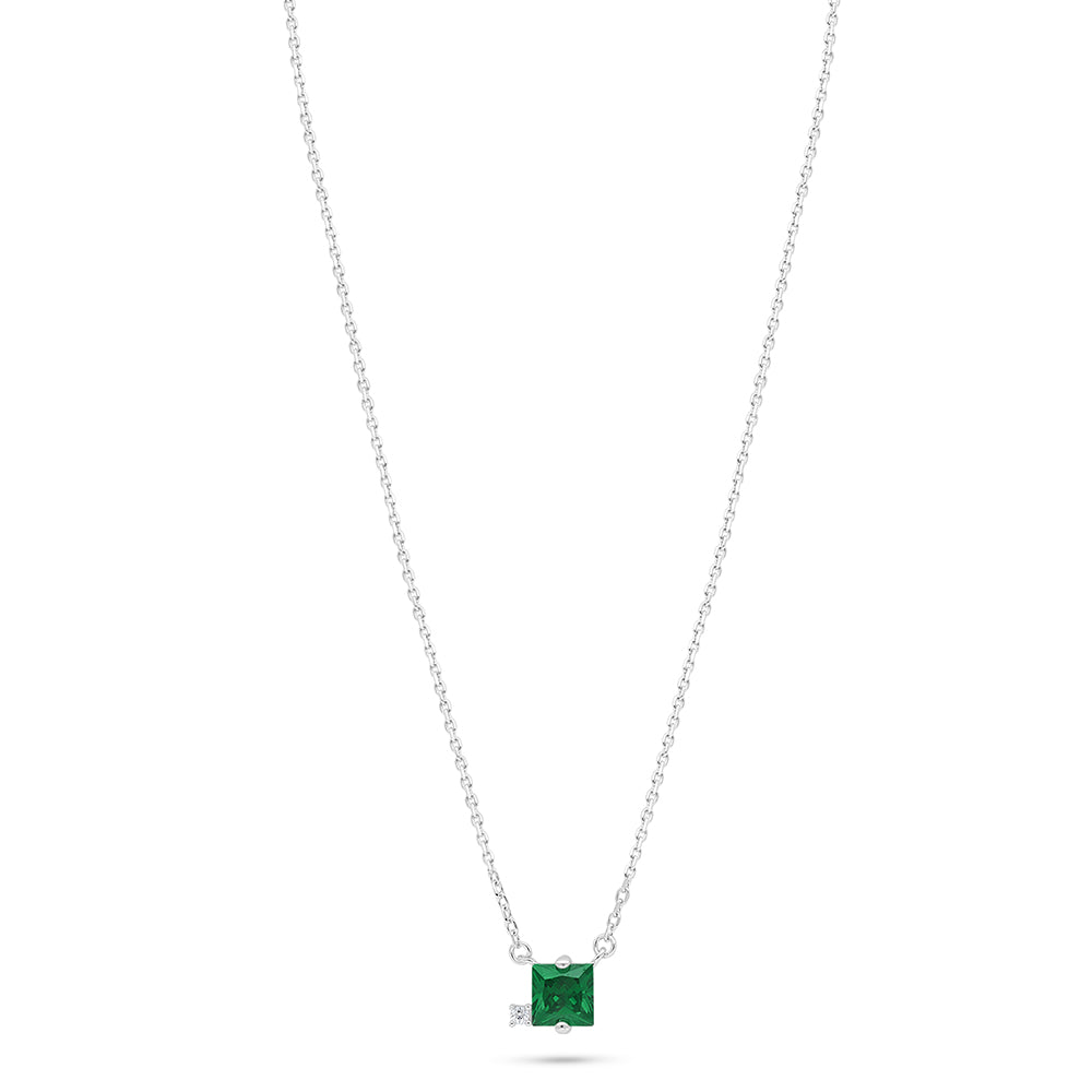 Sterling Silver 925 Necklace Rhodium Plated Embedded With Emerald Zircon And White Zircon