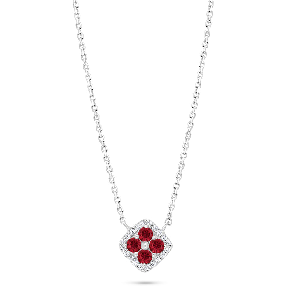 Sterling Silver 925 Necklace Rhodium Plated Embedded With Ruby Corundum And White Zircon