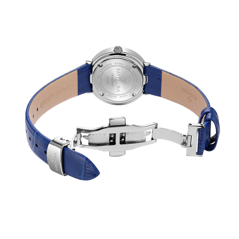 Stainless Steel 316 Watch Silver Color Embedded With Blue Leather And White Zircon - BLUE METAL DIAL