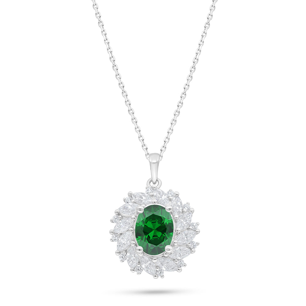 Sterling Silver 925 Necklace Rhodium Plated Embedded With Emerald Zircon And White Zircon