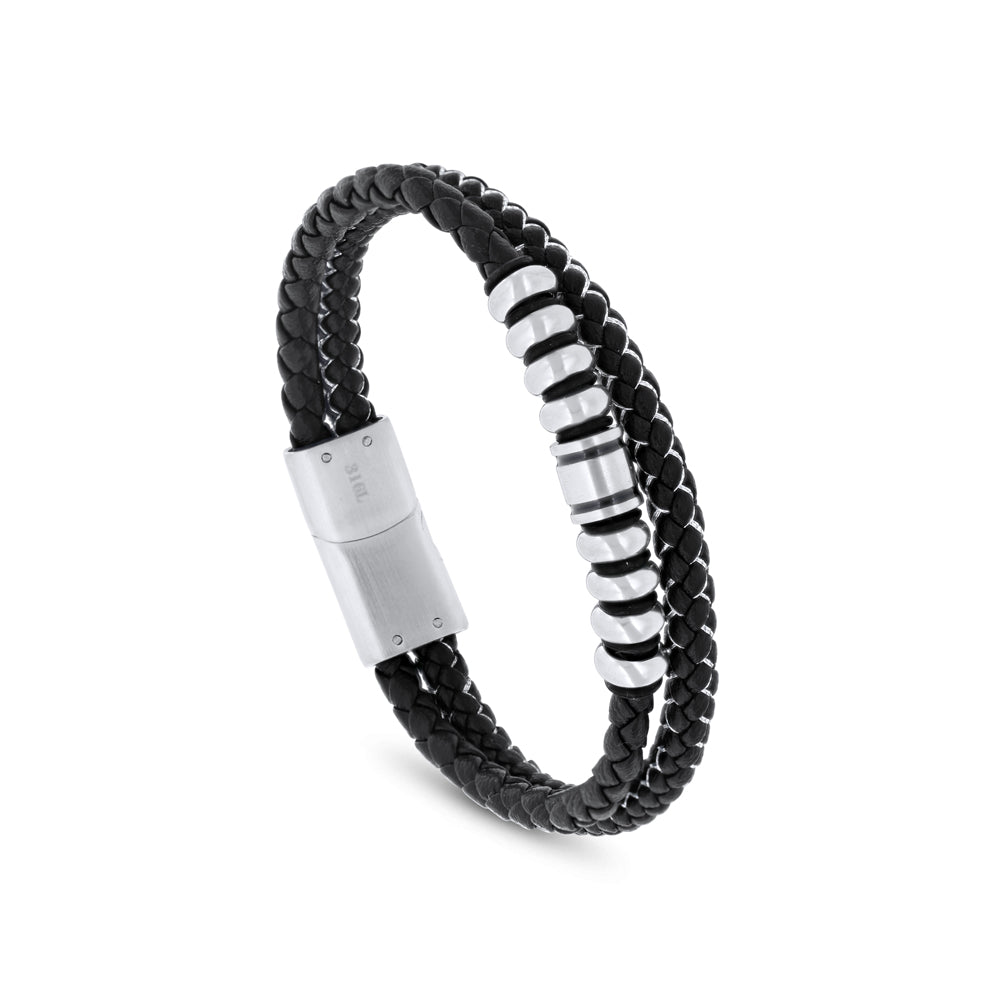 اسورة رجالي ستانلس ستيل لون فضي جلد اسود عيار 316L