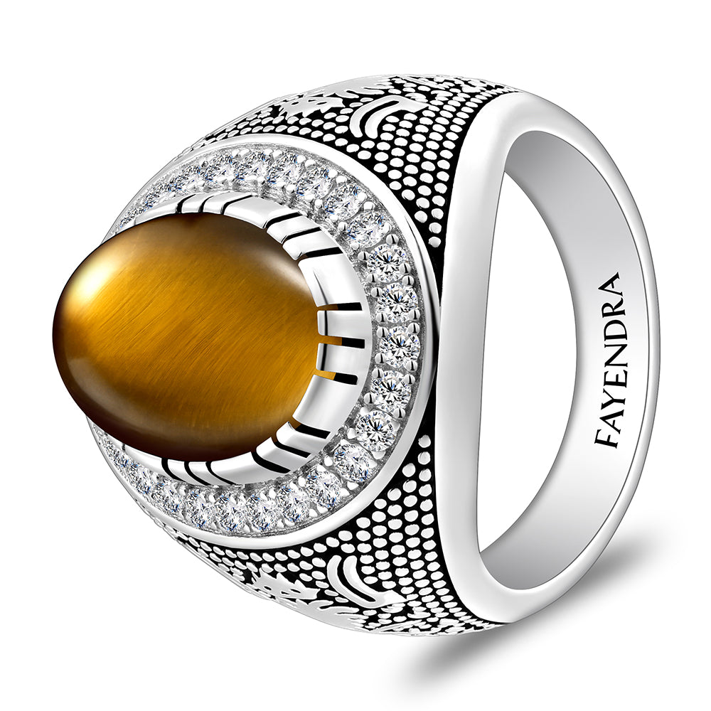 Sterling Silver 925 Ring Rhodium And Black Plated Embedded With Yellow Tiger Eye Cabochon And White Zircon For Men