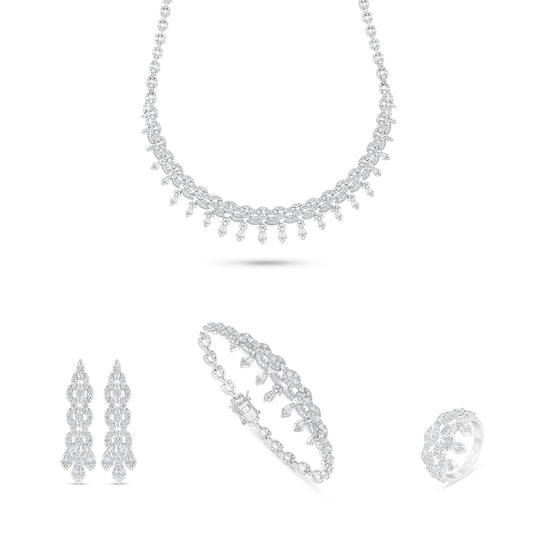 طقم من الفضة الخالصة عيار 925 مطلي روديوم مرصع فص ابيض