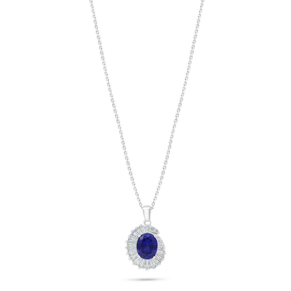 Sterling Silver 925 Necklace Rhodium Plated Embedded With Sapphire Corundum And White Zircon