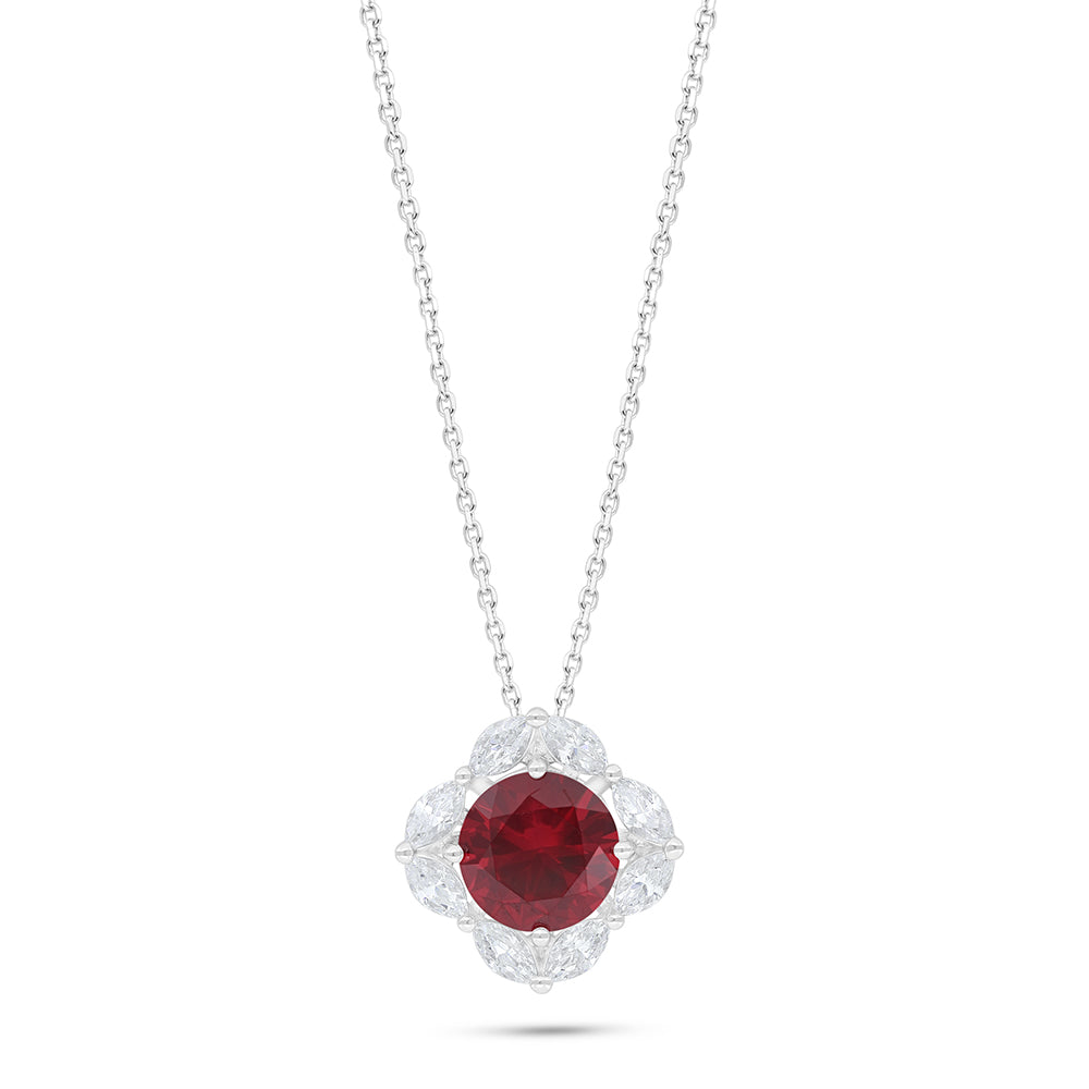 Sterling Silver 925 Necklace Rhodium Plated Embedded With Ruby Corundum And White Zircon