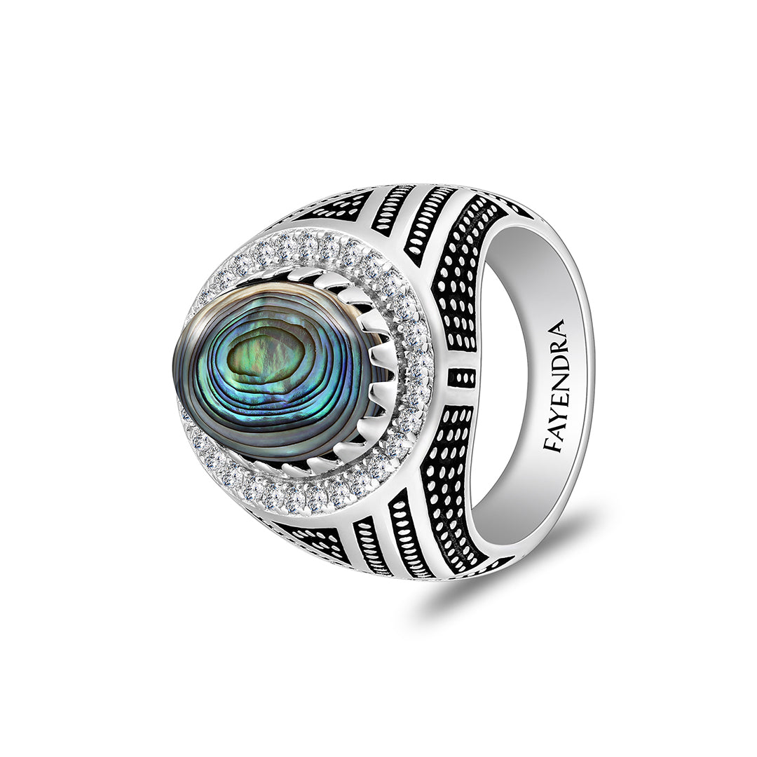 خاتم رجالي من الفضة الخالصة عيار 925 مطلي روديوم و اسود مرصع احجار صدف استرالي كابشون و فص ابيض