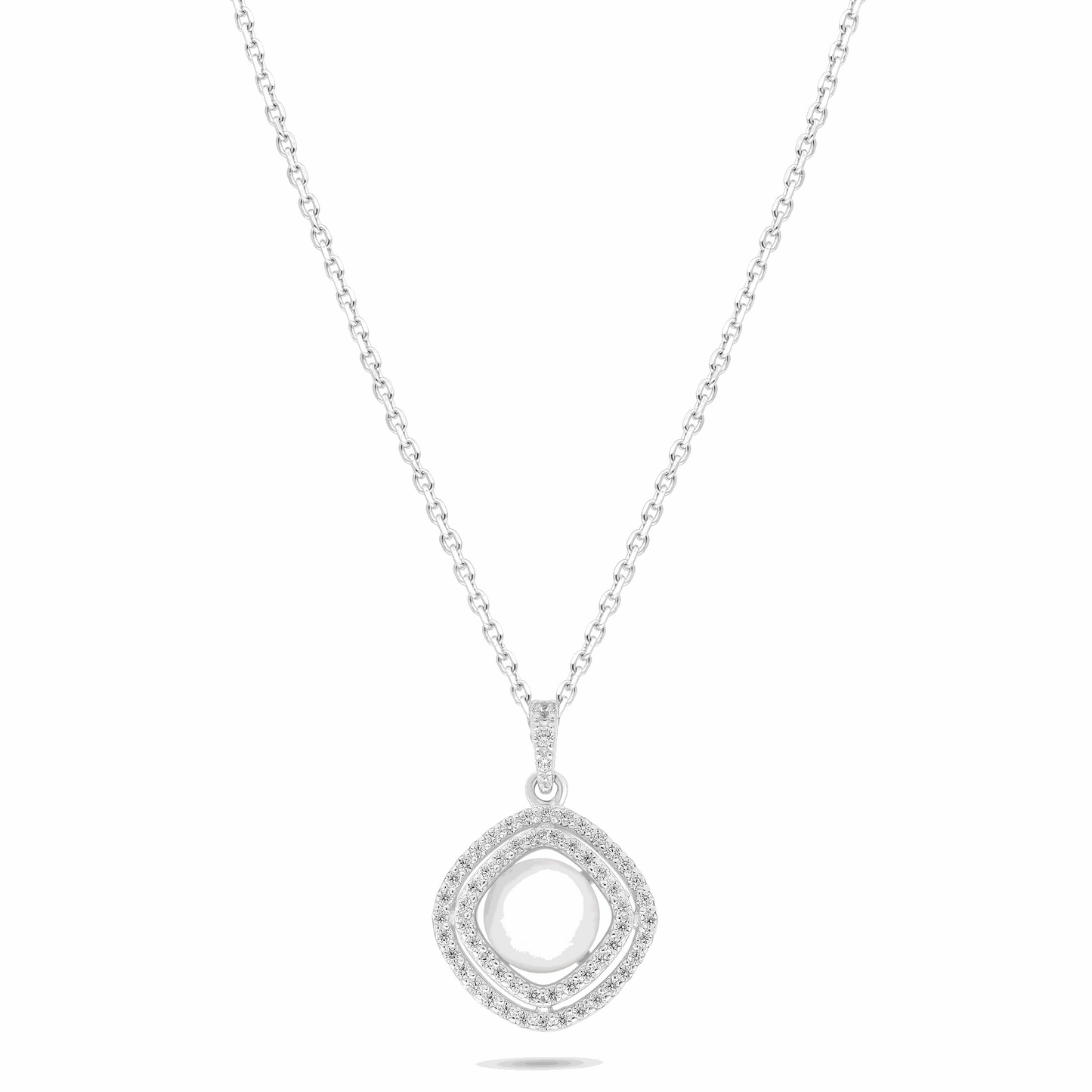 Sterling Silver 925 Necklace Rhodium Plated Embedded With Natural White Pearl And White Zircon
