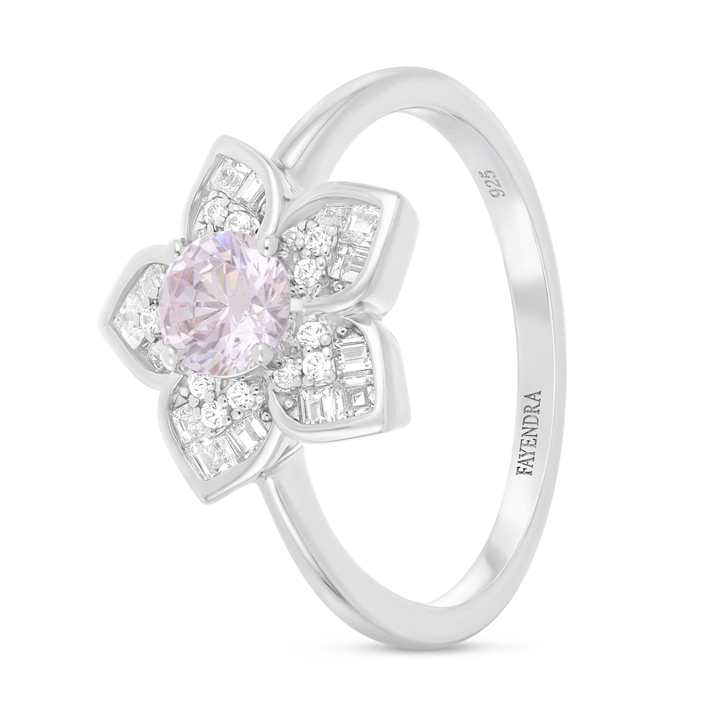 Sterling Silver 925 Ring Rhodium Plated Embedded With Pink Zircon And White Zircon