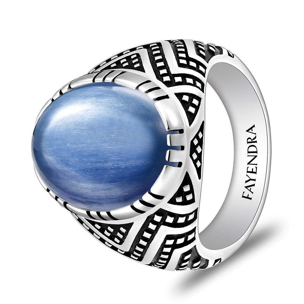 خاتم رجالي من الفضة الخالصة عيار 925 مطلي روديوم و اسود مرصع احجار كيانيت طبيعي كابشون