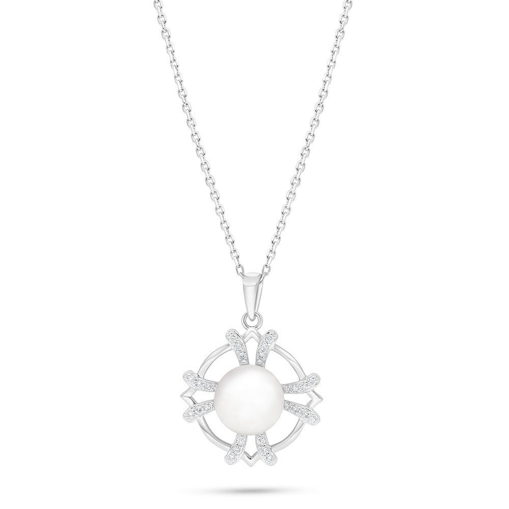 عقد من الفضة الخالصة عيار 925 مطلي روديوم مرصع لولو ابيض طبيعي و فص ابيض