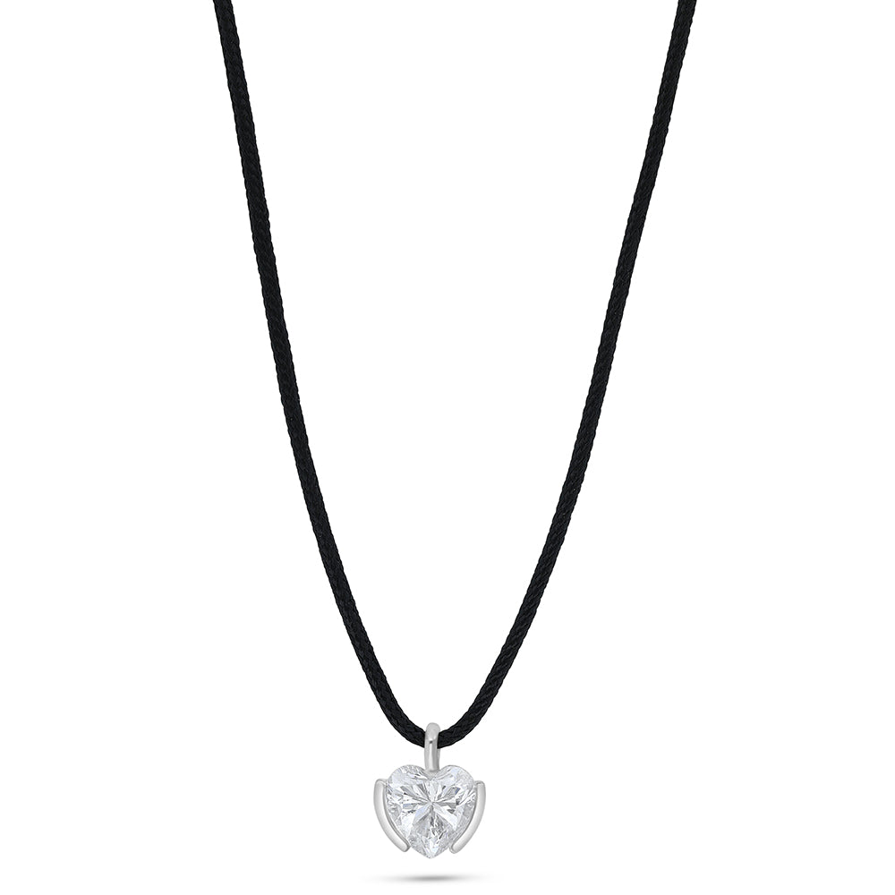 Sterling Silver 925 Necklace Rhodium Plated Embedded With White Zircon and Black cloth chain