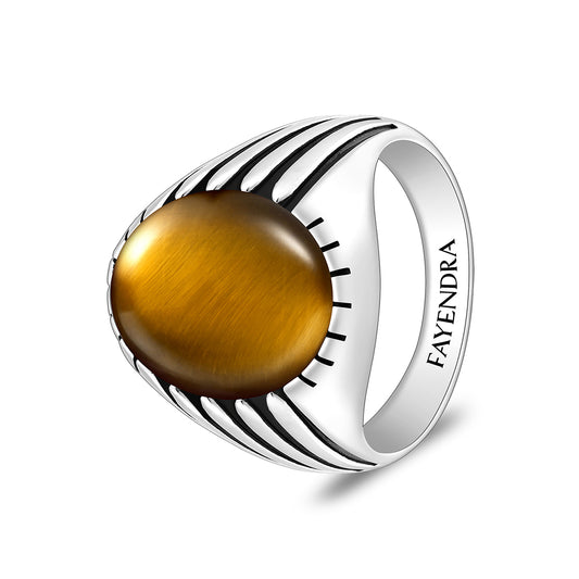 خاتم رجالي من الفضة الخالصة عيار 925 مطلي روديوم و اسود مرصع عين النمر اصفر كابشون