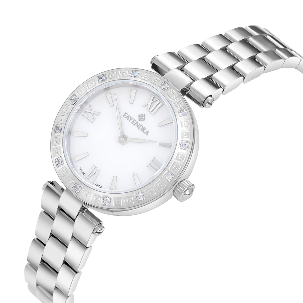 ساعة ستانلس ستيل عيار L316 بلون فضي و فص ابيض - مينا حجر صدف ام اللالئ الابيض