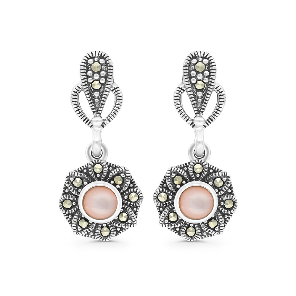 Sterling Silver 925 Earring Embedded With Natural Pink Shell And Marcasite Stones