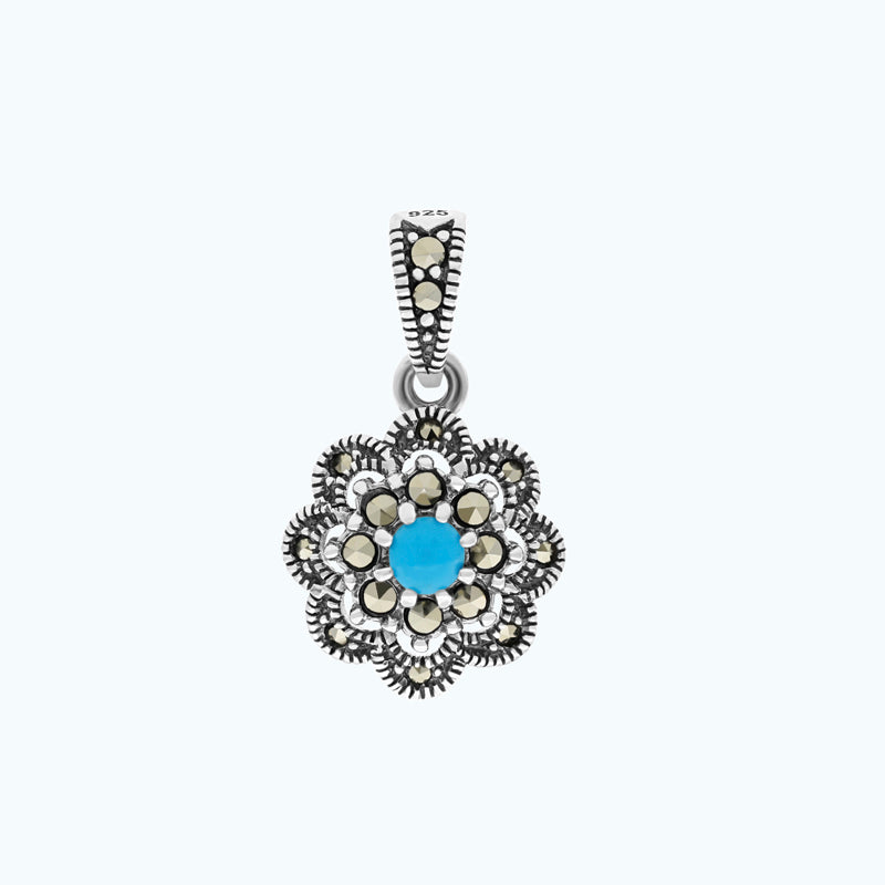 Sterling Silver 925 Pendant Embedded With Natural Processed Turquoise And Marcasite Stones