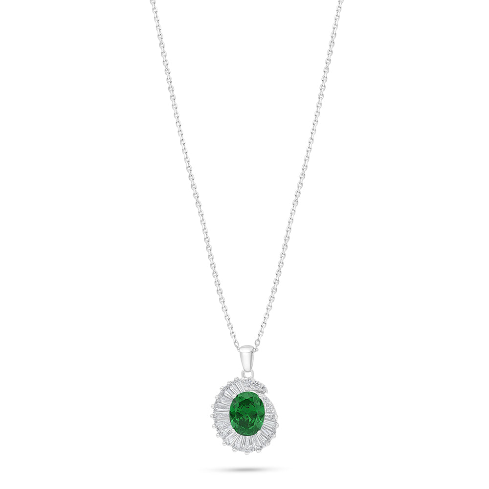Sterling Silver 925 Necklace Rhodium Plated Embedded With Emerald Zircon And White Zircon
