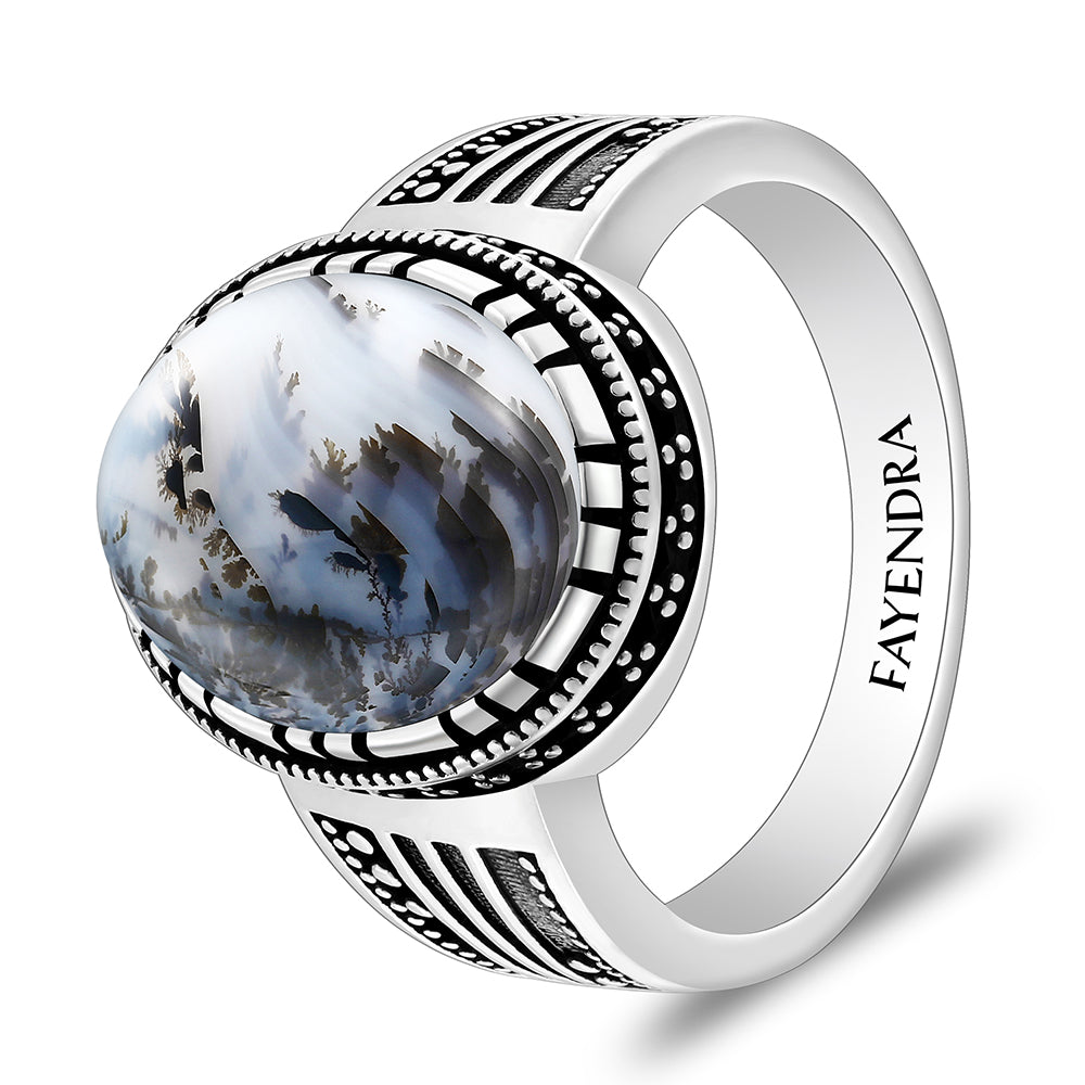 خاتم رجالي من الفضة الخالصة عيار 925 مطلي روديوم و اسود مرصع احجار عقيق مشجر طبيعي كابشون