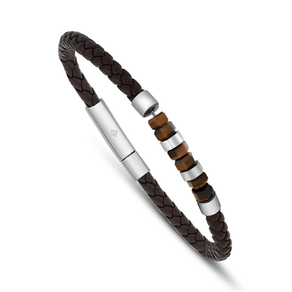 Stainless Steel 316L And 304 L Bracelet, Silver Color Brown Leather With Yellow Tiger Eye For Men