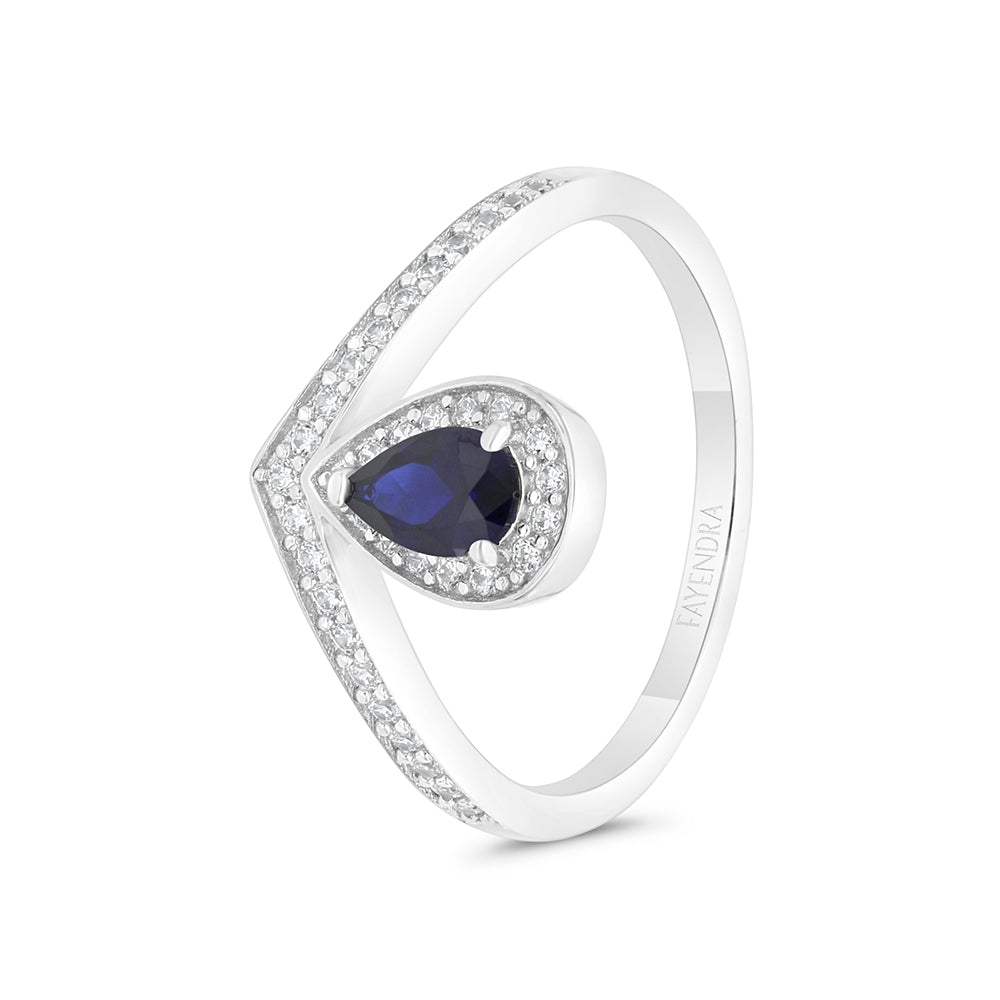 Sterling Silver 925 Ring Rhodium Plated Embedded With Sapphire Corundum And White CZ