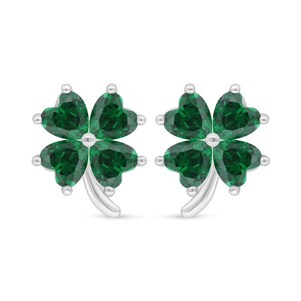 Sterling Silver 925 Earring Rhodium Plated Embedded With Emerald Zircon