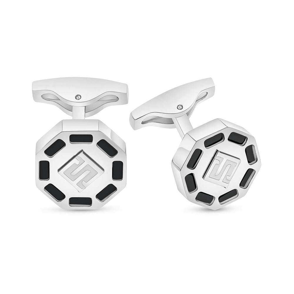 Stainless Steel Cufflink 316L Embedded With Black Agate Shiny Steel