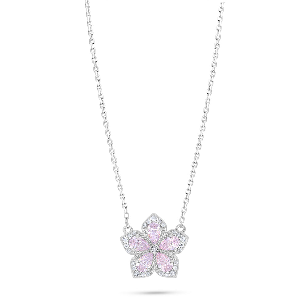 Sterling Silver 925 Necklace Rhodium Plated Embedded With pink Zircon And White Zircon