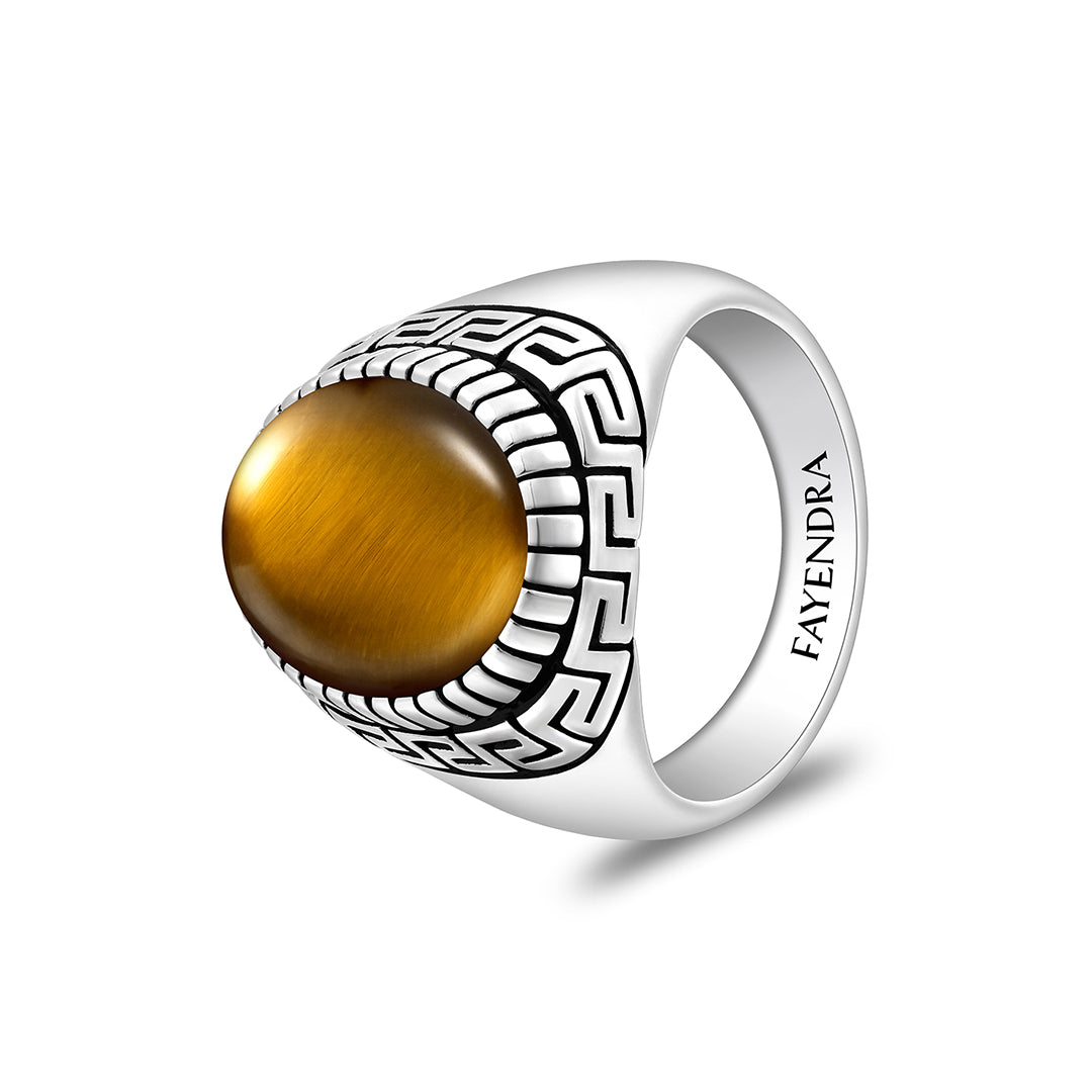 Sterling Silver 925 Ring Rhodium And Black Plated Embedded With Cabochon Yellow Tiger Eye For Men