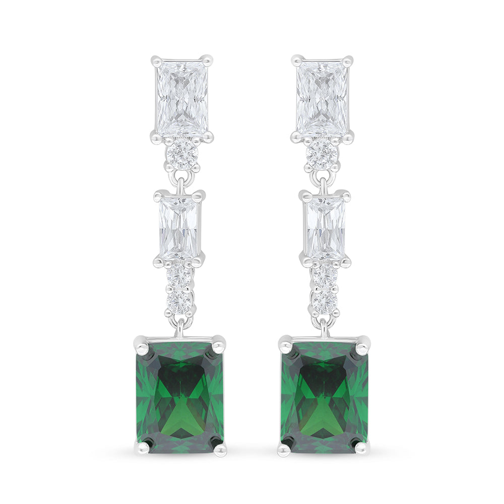 Sterling Silver 925 Earring Rhodium Plated Embedded With Emerald Zircon And White Zircon