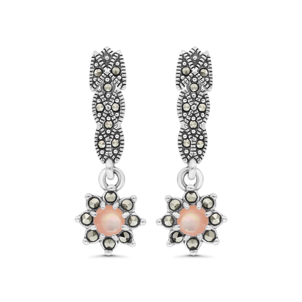 اقراط من الفضة الخالصة عيار 925 مرصعه احجار صدف وردي طبيعي و ماركسايت