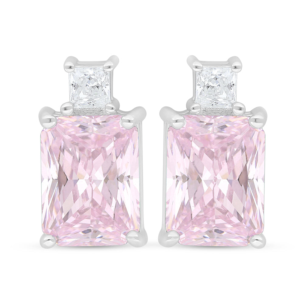 Sterling Silver 925 Earring Rhodium Plated Embedded With Pink Zircon And White Zircon