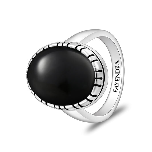 خاتم رجالي من الفضة الخالصة عيار 925 مطلي روديوم و اسود مرصع عقيق اسود طبيعي كابشون