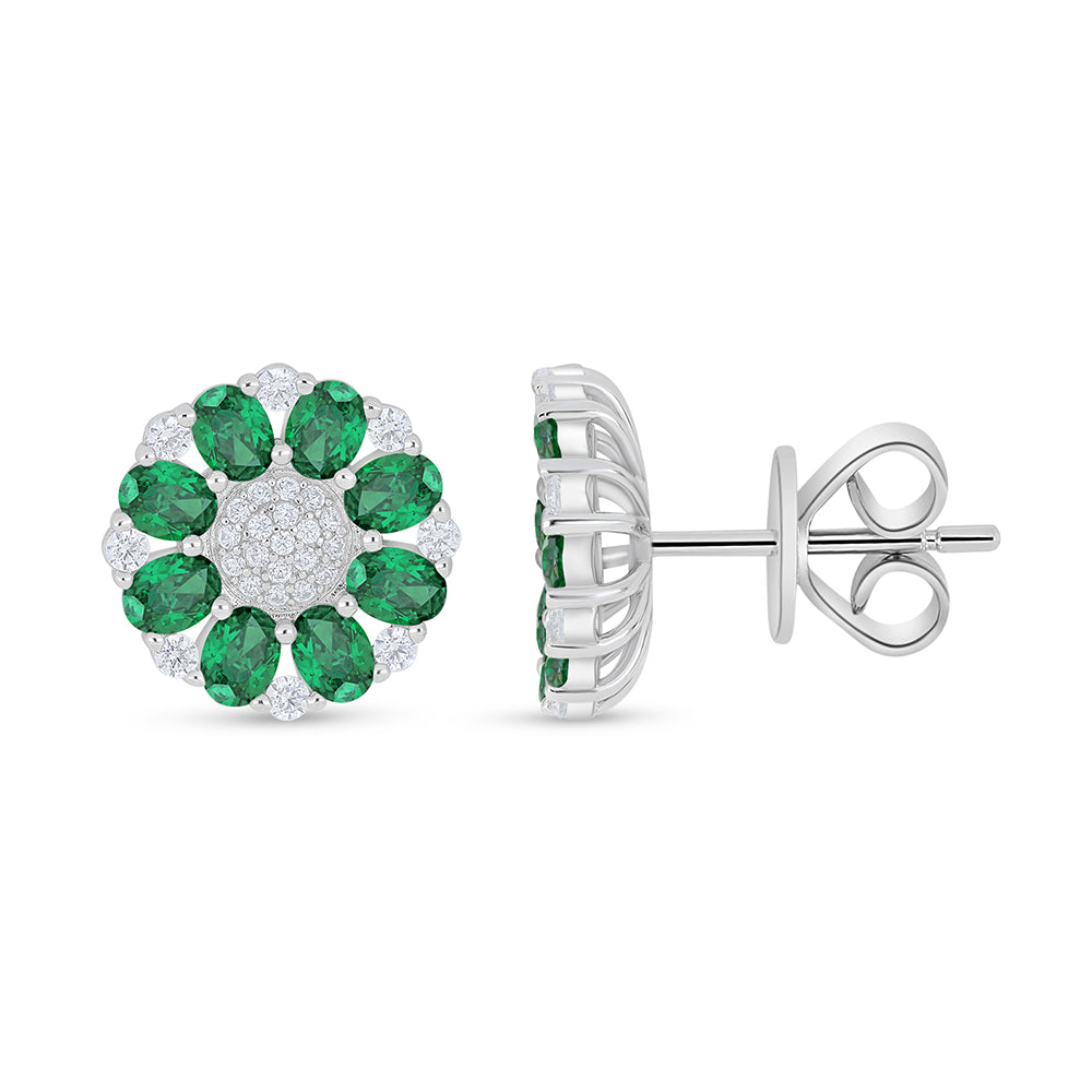 Sterling Silver 925 Earring Rhodium Plated Embedded With Emerald Zircon And White Zircon