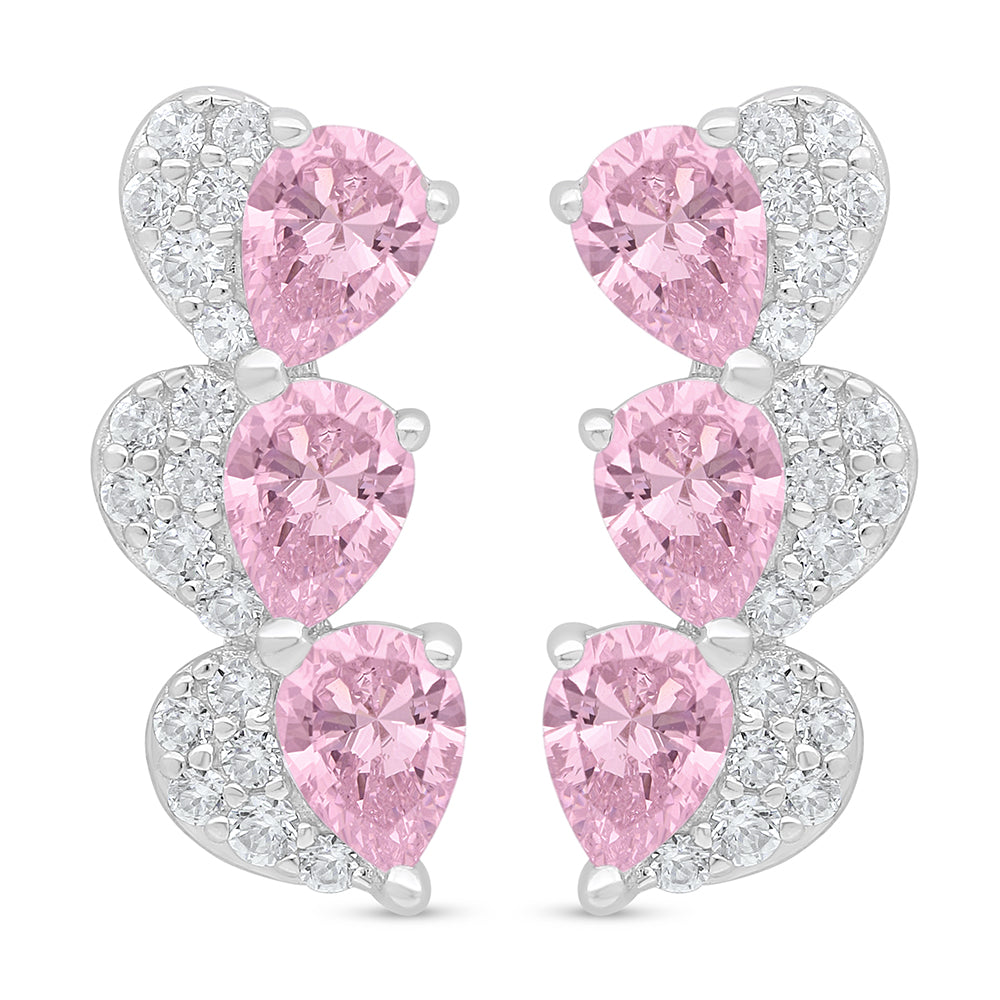 Sterling Silver 925 Earring Rhodium Plated Embedded With Pink Zircon And White Zircon