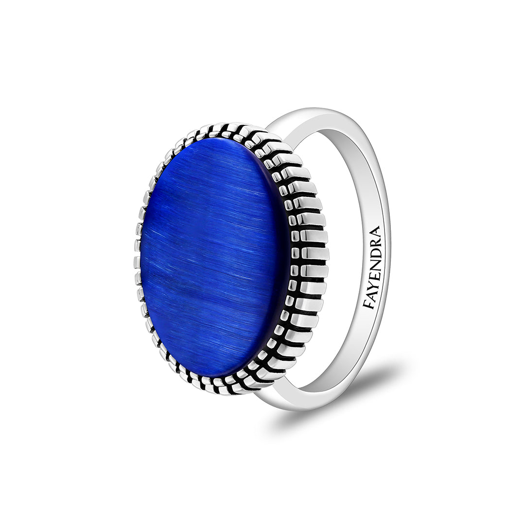 خاتم رجالي من الفضة الخالصة عيار 925 مطلي روديوم و اسود مرصع احجار عين النمر ازرق ملكي