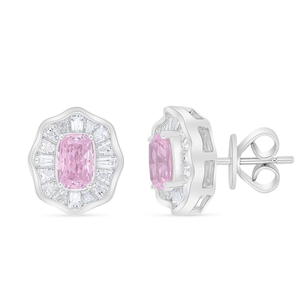 Sterling Silver 925 Earring Rhodium Plated Embedded With Pink Zircon And White Zircon