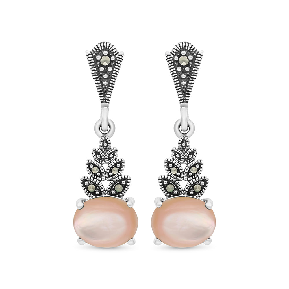 اقراط من الفضة الخالصة عيار 925 مرصعه احجار صدف وردي طبيعي و ماركسايت