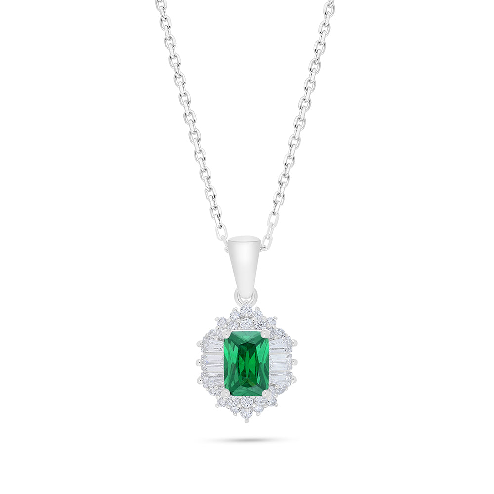 Sterling Silver 925 Necklace Rhodium Plated Embedded With Emerald Zircon And White Zircon