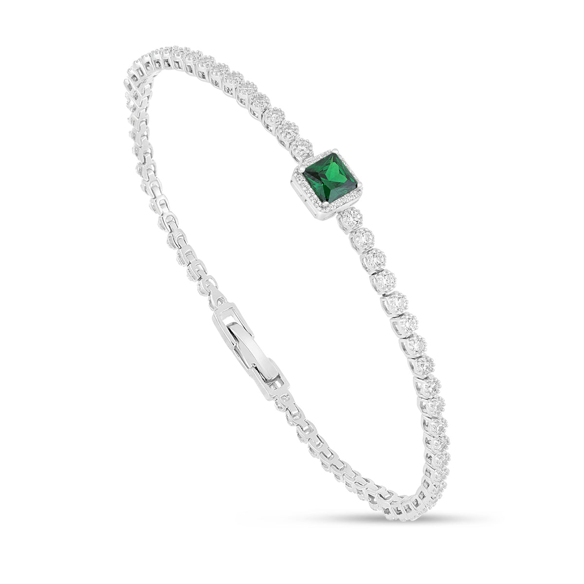 Sterling Silver 925 Bracelet Rhodium Plated Embedded With Emerald Zircon And White Zircon